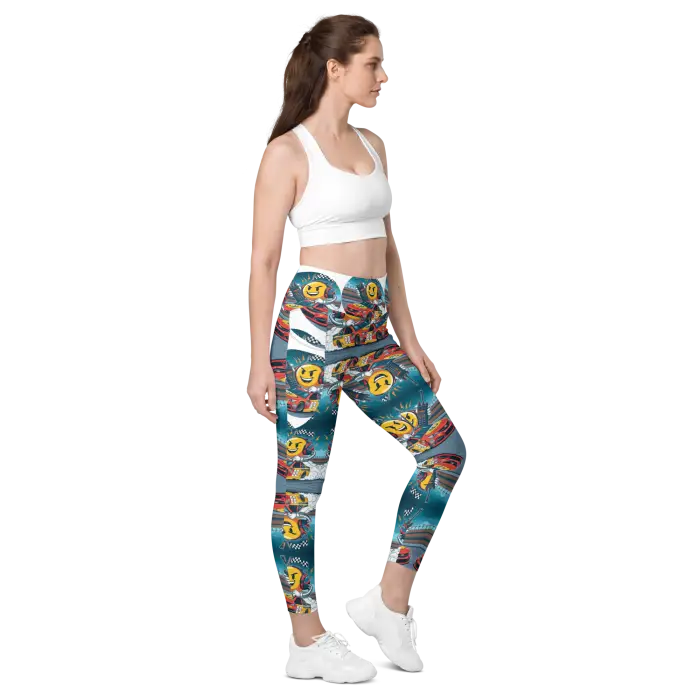 Woman wearing patterned leggings and a sports bra.