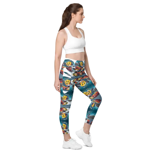 Woman wearing patterned leggings and a sports bra.