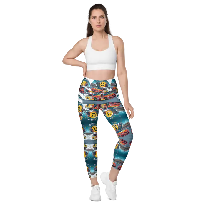Woman wearing patterned leggings and a white sports bra.