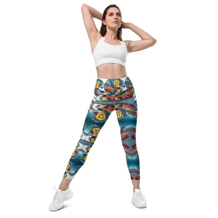 Woman wearing patterned leggings.