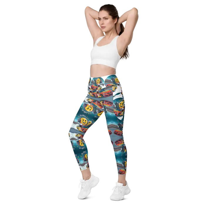 Woman in patterned leggings.