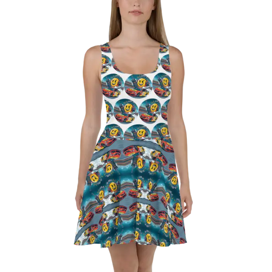 Patterned skater dress.