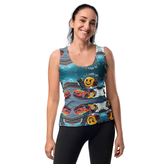Woman wearing a patterned tank top.