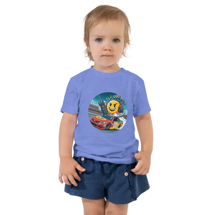Child’s blue t-shirt with race car graphic.