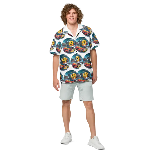 Man in patterned shirt and shorts.