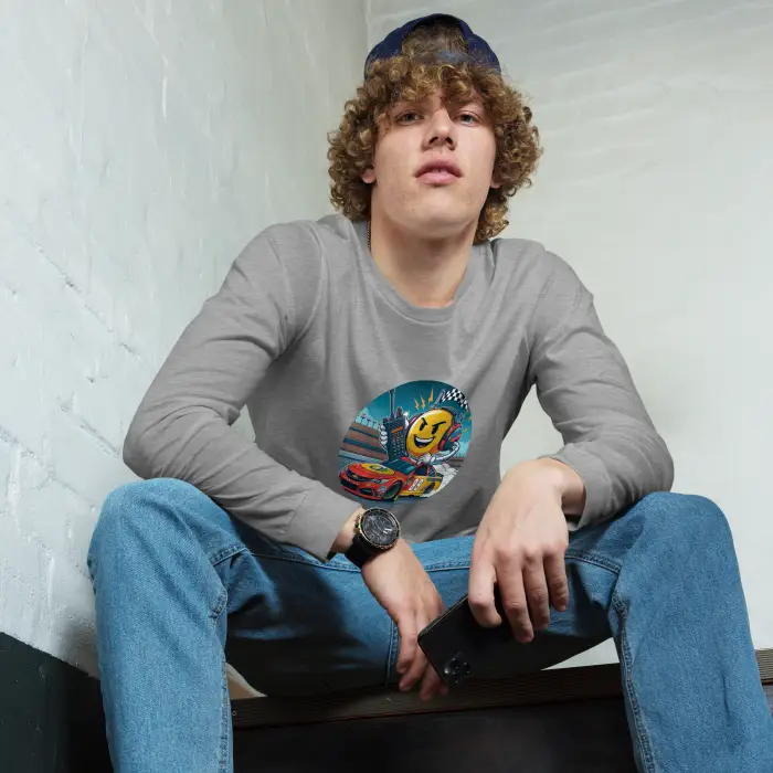 Gray long-sleeved shirt with graphic.
