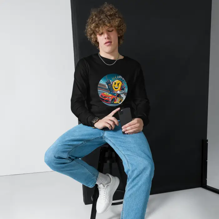 Black long-sleeved sweatshirt with race car graphic.