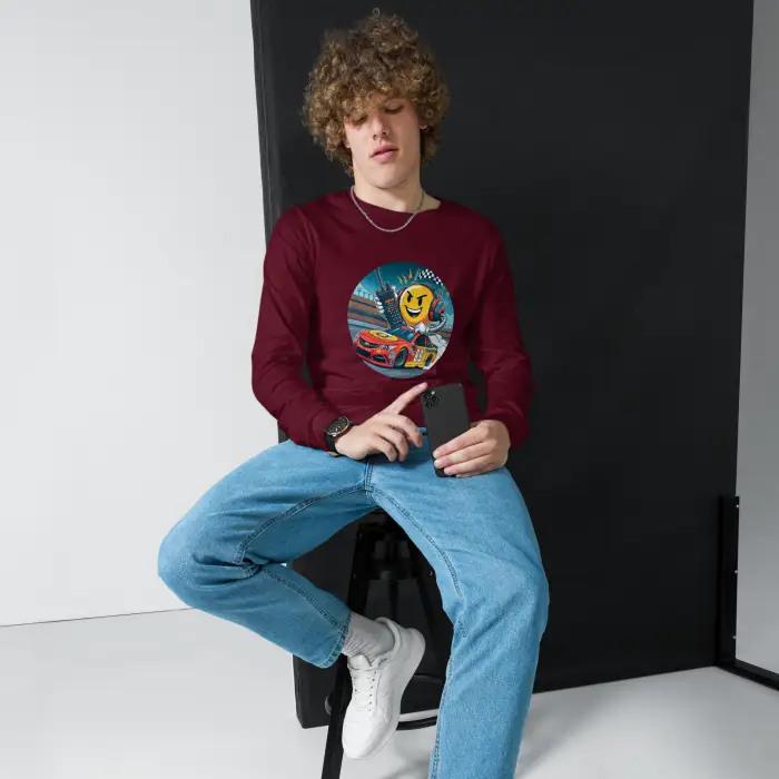 Burgundy long-sleeved shirt with racing graphic.