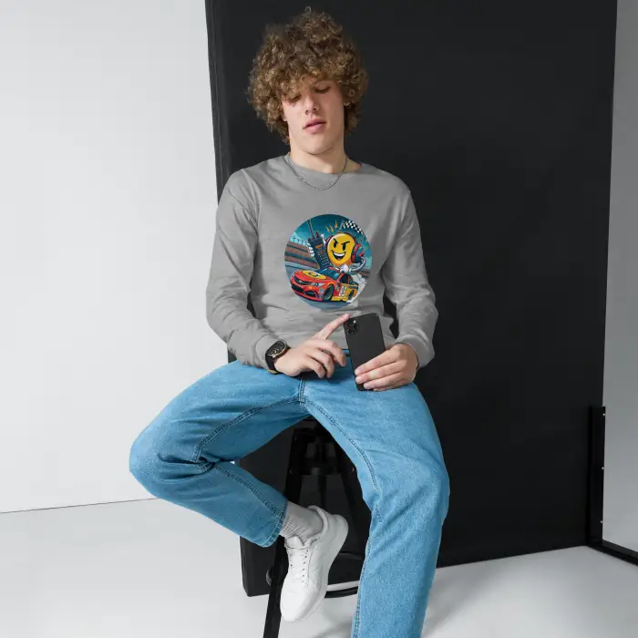 Man in gray long-sleeve shirt with graphic.