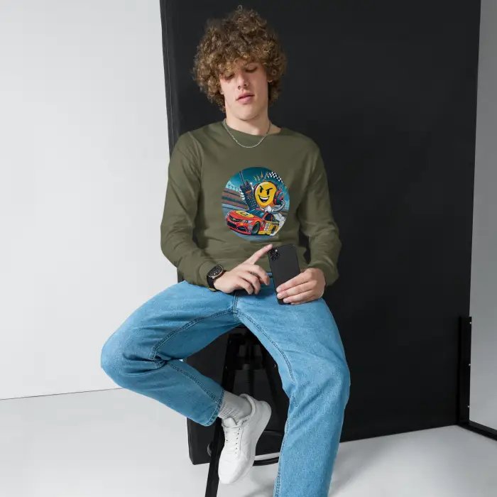 Man wearing a long-sleeved shirt with a racing graphic.