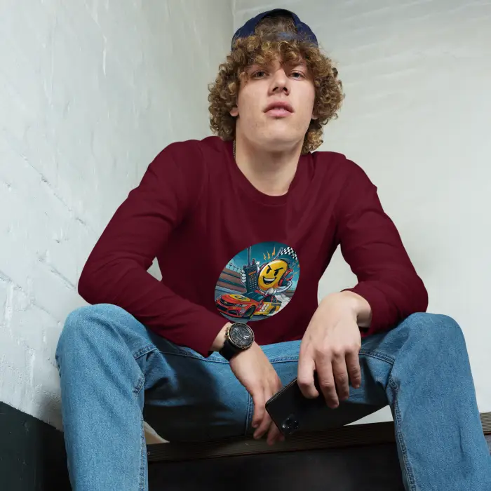 Maroon long-sleeve shirt with race car graphic.