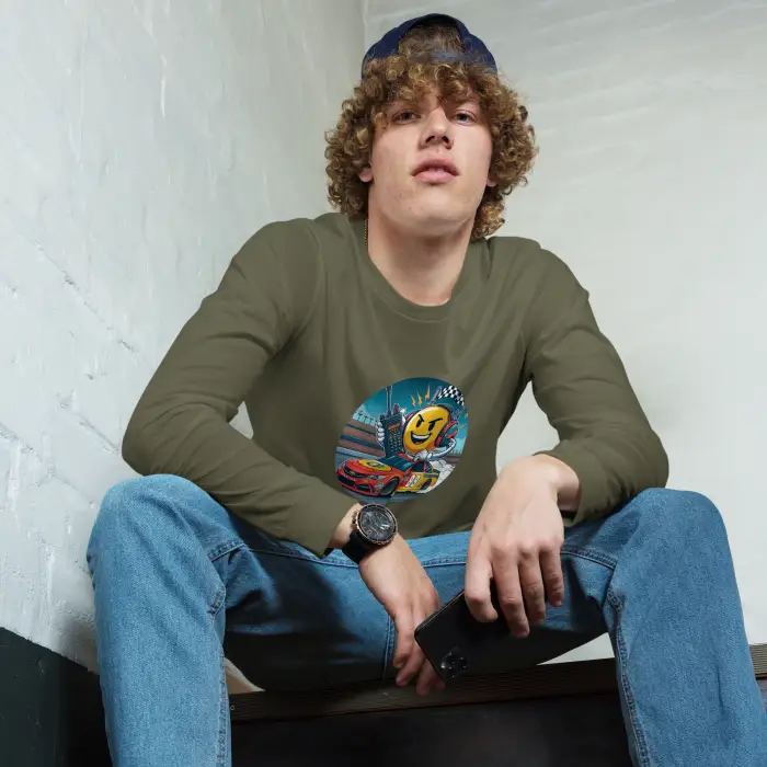 Olive green long-sleeved shirt with racing graphic.