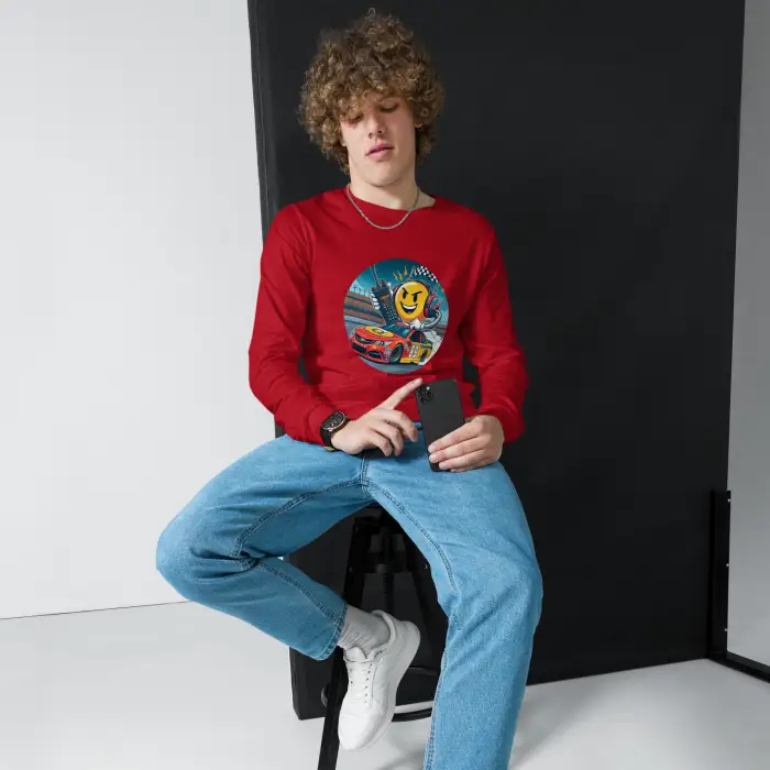 Red long-sleeved shirt with graphic.