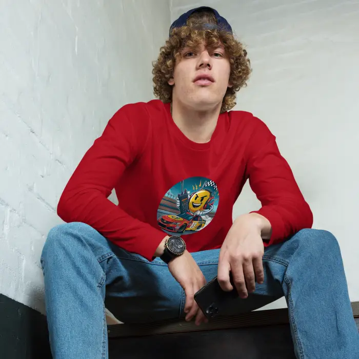Red long-sleeved shirt with graphic.