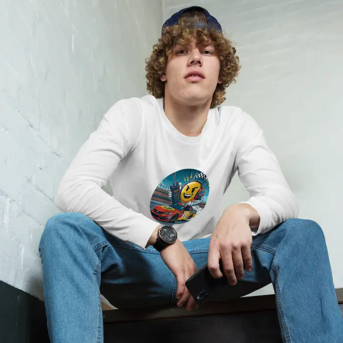 Long-sleeved white shirt with racing graphic.