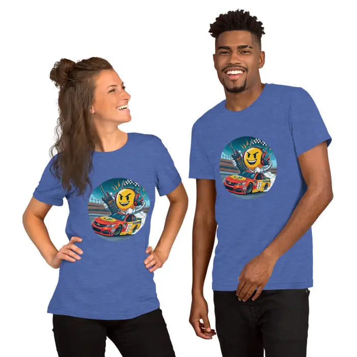 Matching blue graphic t-shirts.