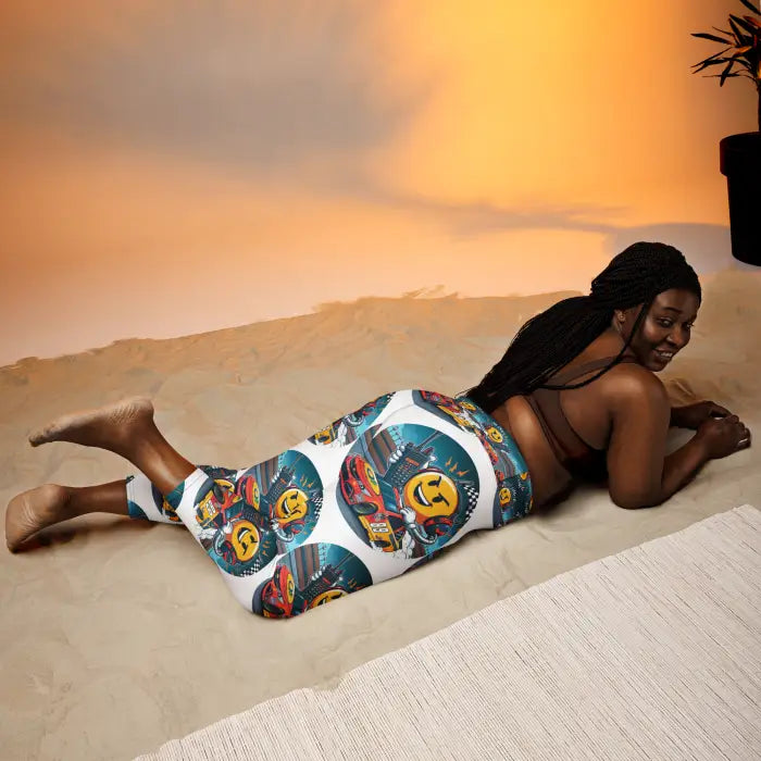 Woman in patterned leggings.