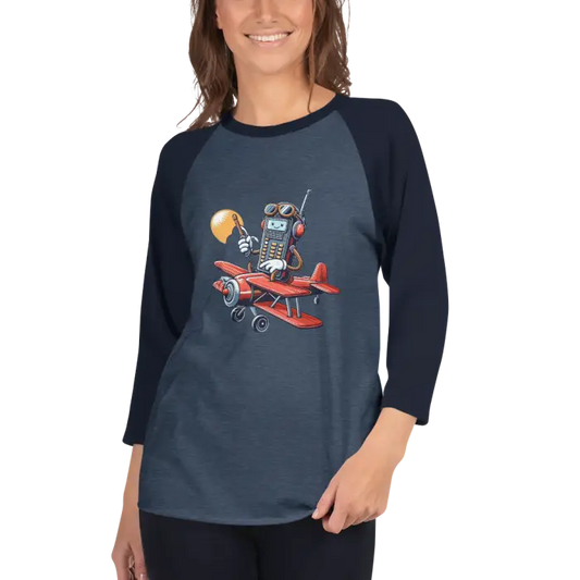 Raglan shirt with cartoon graphic.