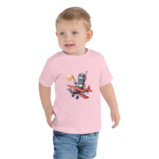 Child’s pink t-shirt with cartoon airplane design.