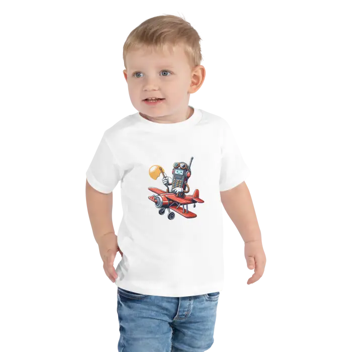 Toddler’s t-shirt with cartoon airplane design.