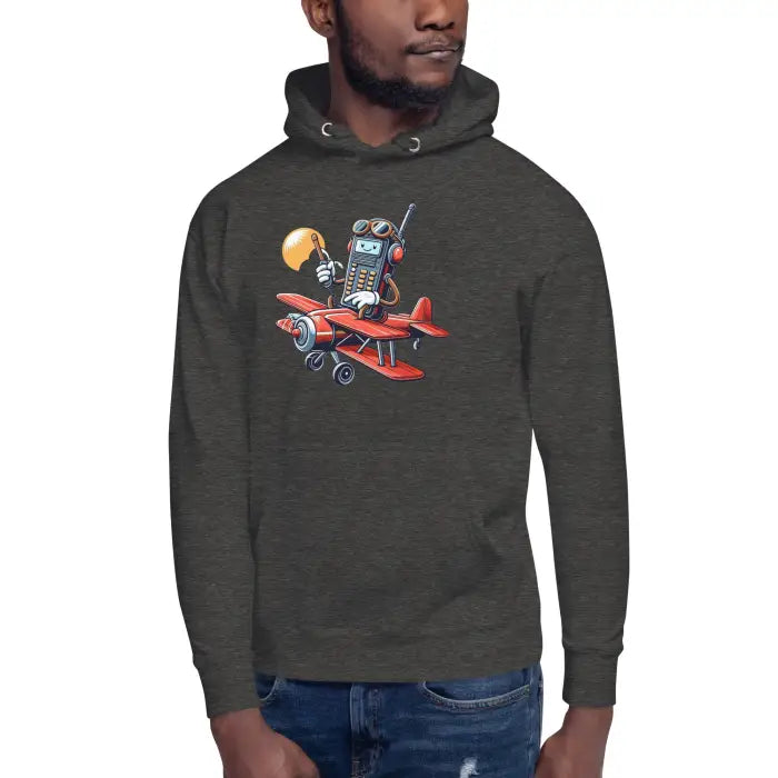 Heather gray hoodie with cartoon airplane graphic.