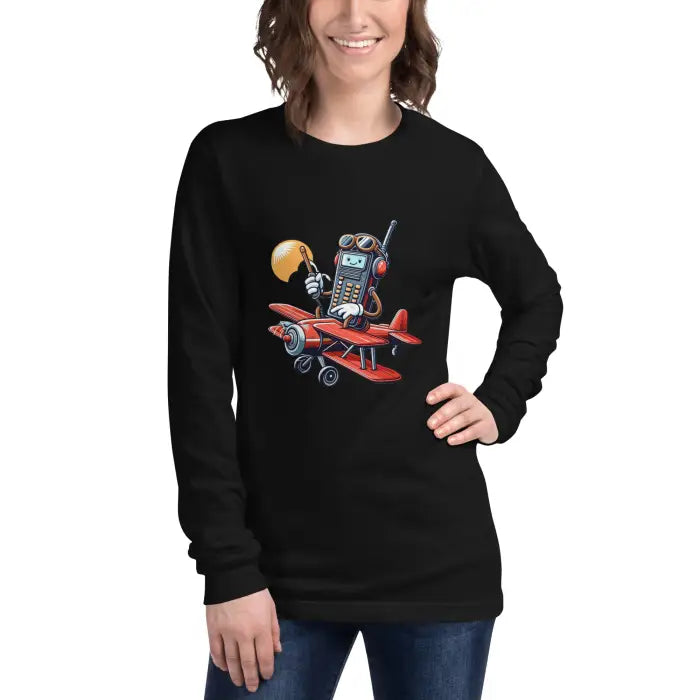 Black long-sleeved shirt with cartoon airplane and cell phone design.