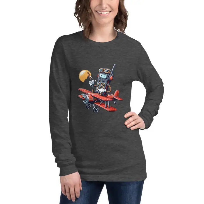 Gray long-sleeved shirt with cartoon airplane and phone.