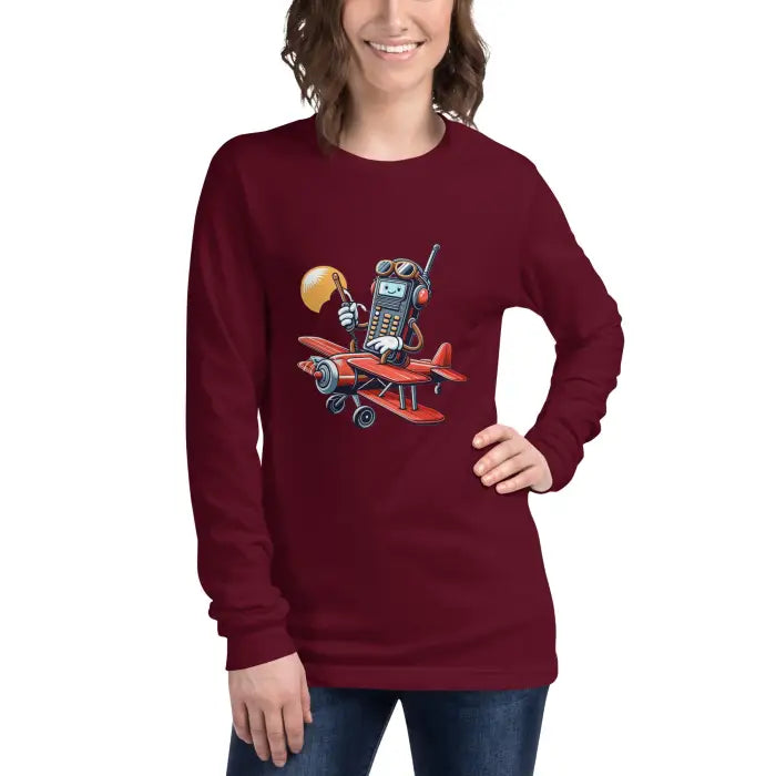 Maroon long-sleeved shirt with cartoon airplane graphic.