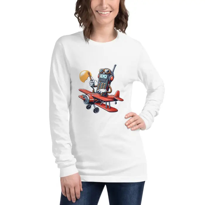 White long-sleeved shirt with cartoon airplane graphic.
