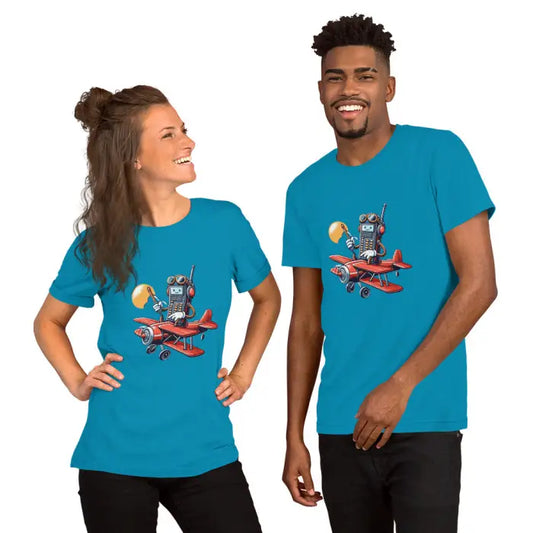 Matching turquoise t-shirts.