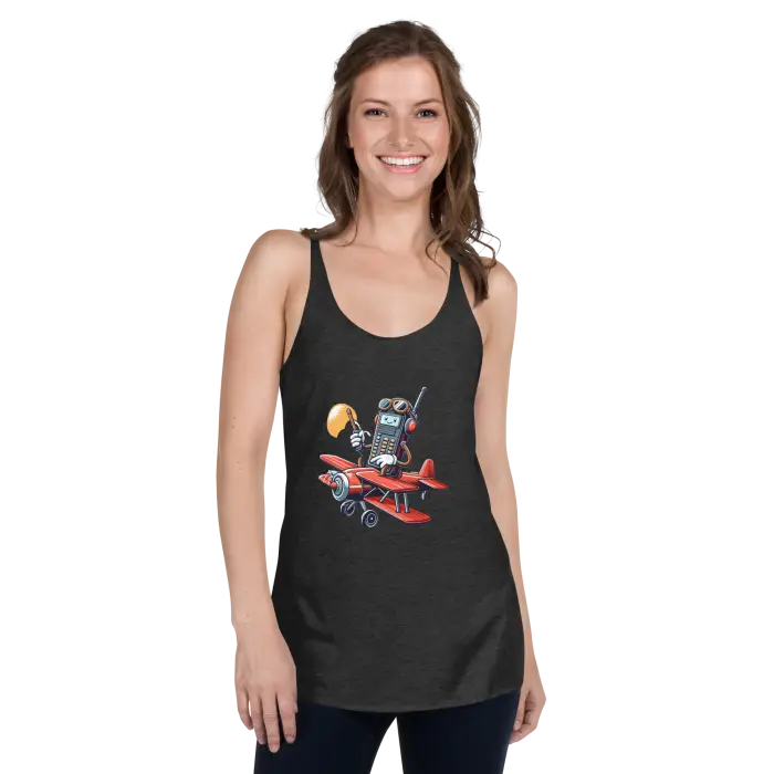 Black tank top with cartoon airplane design.
