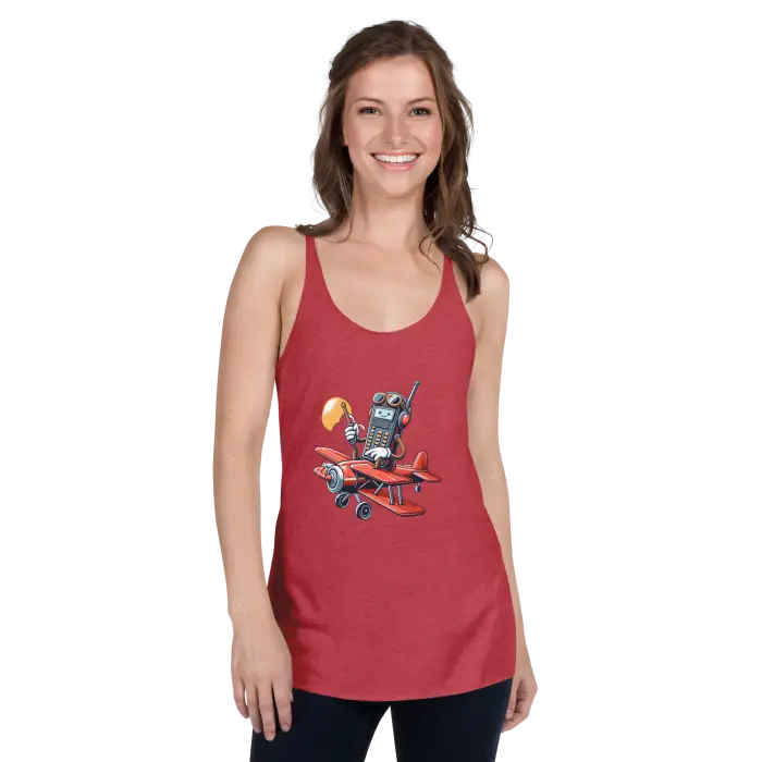Red tank top with cartoon airplane graphic.