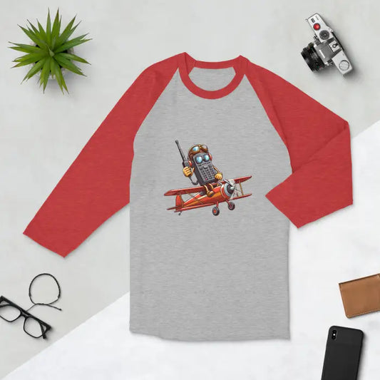 Red and gray baseball tee with cartoon airplane graphic.