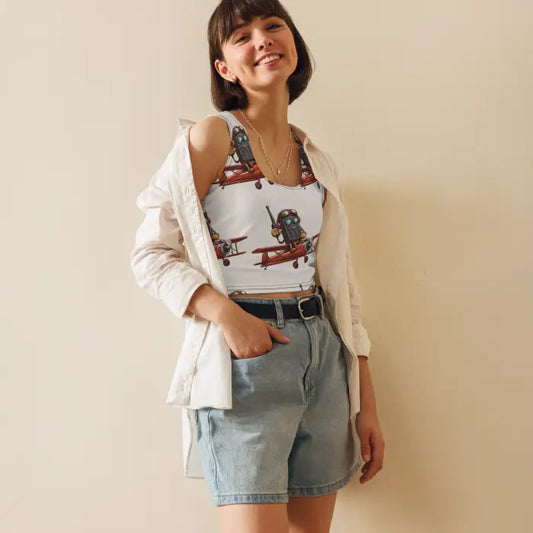 Woman wearing airplane-patterned crop top.