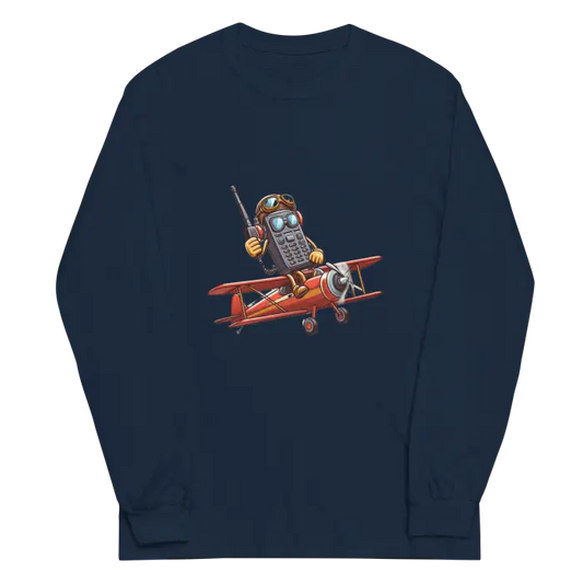 Navy blue long-sleeved shirt with cartoon airplane graphic.