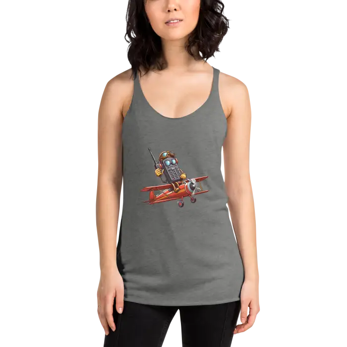 Gray tank top with cartoon airplane.
