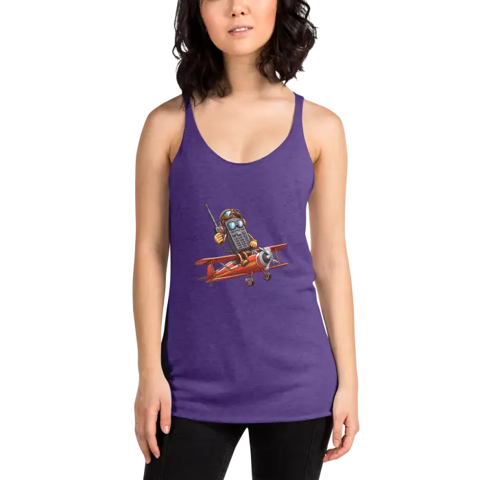 Purple tank top with cartoon airplane graphic.