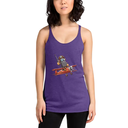 Purple tank top with cartoon airplane graphic.