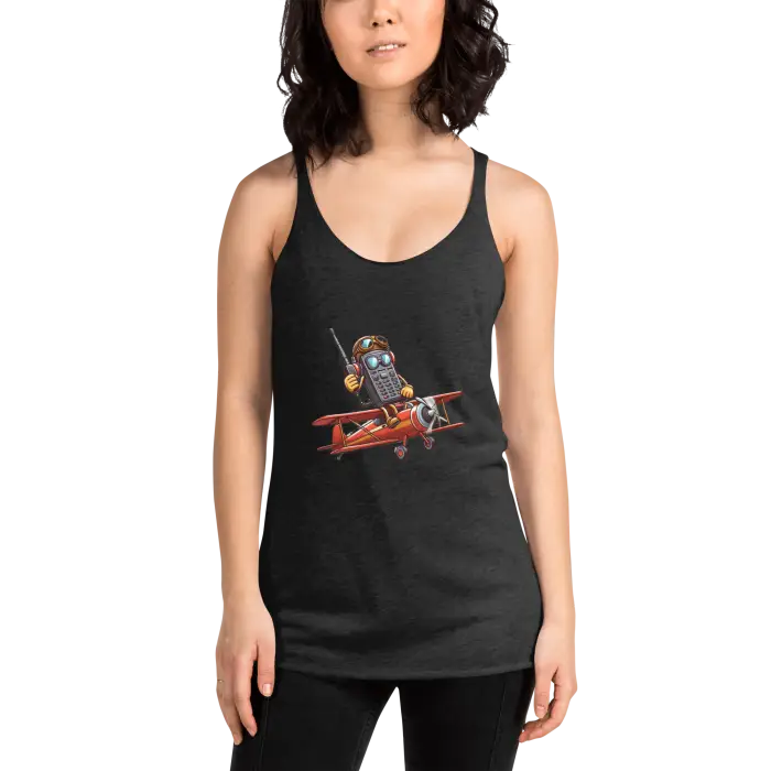 Black tank top with cartoon airplane graphic.