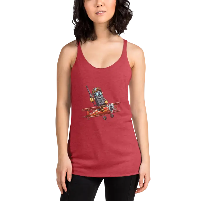 Red tank top with cartoon airplane graphic.