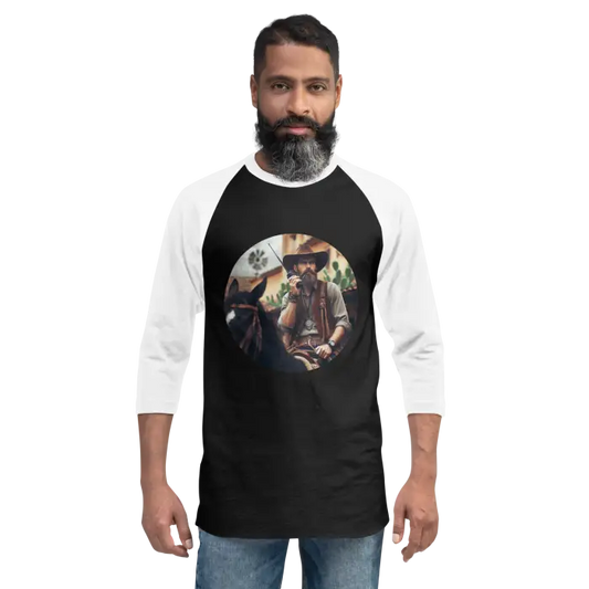 Black and white baseball tee with cowboy graphic.