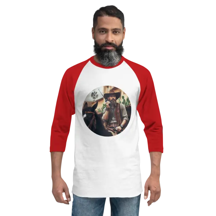 Red and white baseball tee with cowboy graphic.