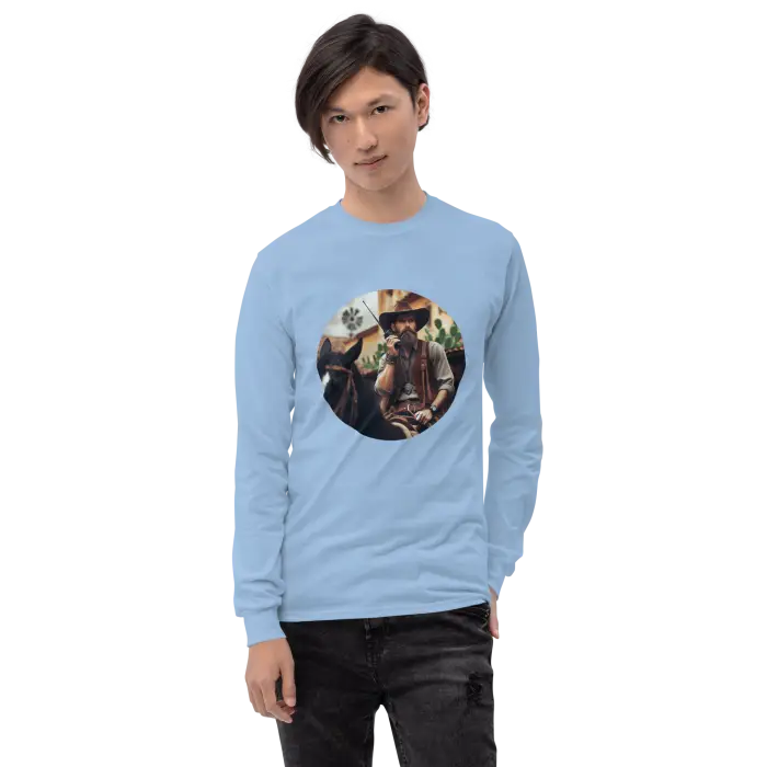 Light blue long-sleeved shirt with circular graphic.