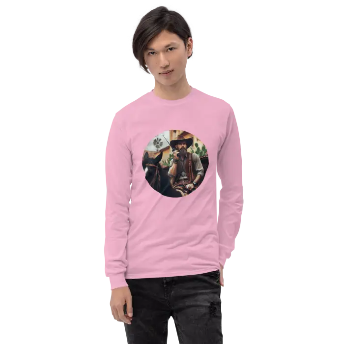 Pink long-sleeved shirt with cowboy graphic.