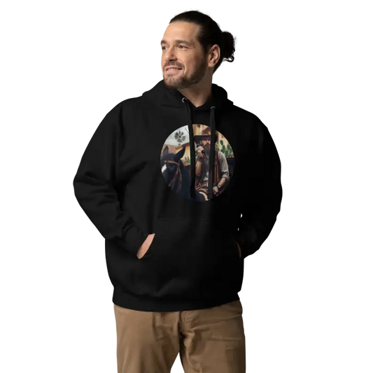 Black hoodie with cowboy graphic.
