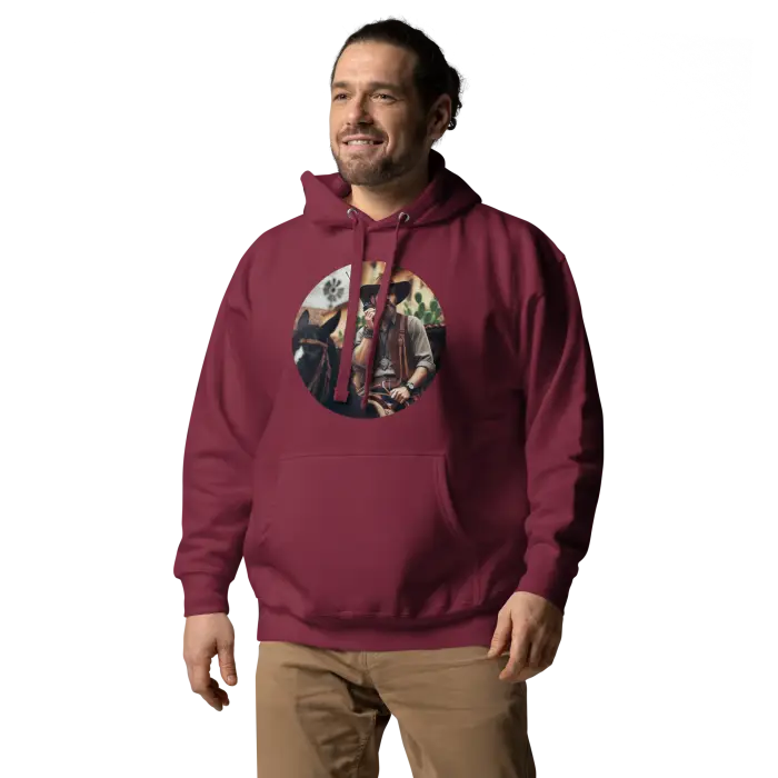Maroon hoodie with a circular graphic.