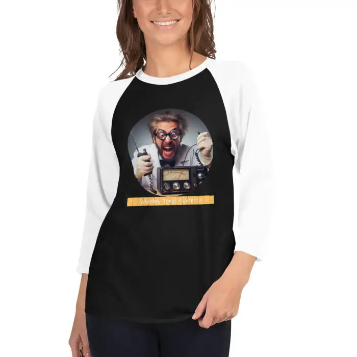 Black and white raglan shirt with mad scientist graphic.