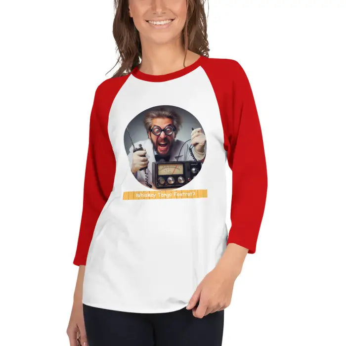 Red and white raglan shirt.