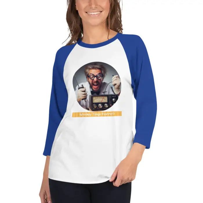 Blue and white raglan shirt.