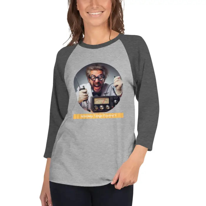 Gray raglan shirt with mad scientist graphic.